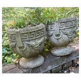 O - Pair of Cement Planter Pots with Greek Key Design