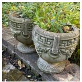 O - Pair of Cement Planter Pots with Greek Key Design