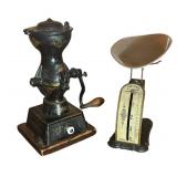FR - Vintage Cast Iron Coffee Grinder and Metal Confectionery Scale Set