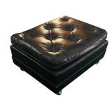 FR - Vintage Black Leather Ottoman with Tufted Cushion