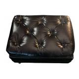 FR - Vintage Black Leather Ottoman with Tufted Cushion