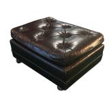 FR - Vintage Black Leather Ottoman with Tufted Cushion