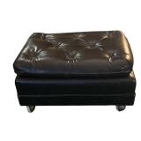 FR - Vintage Black Leather Ottoman with Tufted Cushion