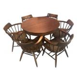 K - Vintage Round Wood Dining Table with 6 Chairs