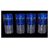 FR - Set of 4 Vintage Cobalt Blue Cut to Clear Glass Tumblers