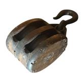 FR - Vintage Double Sheave Wooden Pulley with Iron Hook