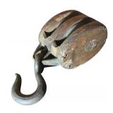 FR - Vintage Double Sheave Wooden Pulley with Iron Hook