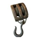 FR - Vintage Double Sheave Wooden Pulley with Iron Hook