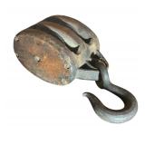 FR - Vintage Double Sheave Wooden Pulley with Iron Hook