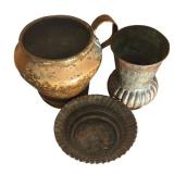 FR - 3 Vintage Metal Pot, Vase and Bowl with Patina