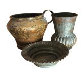 FR - 3 Vintage Metal Pot, Vase and Bowl with Patina