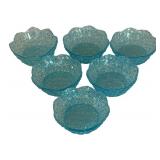 FR - Set of 6 Vintage Blue Victorian Daisy and Button Pressed Glass Bowls
