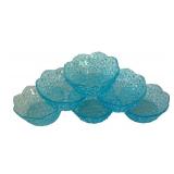 FR - Set of 6 Vintage Blue Victorian Daisy and Button Pressed Glass Bowls