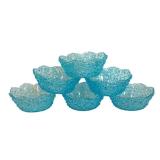 FR - Set of 6 Vintage Blue Victorian Daisy and Button Pressed Glass Bowls