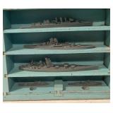 LL - Vintage H.A. Framburg & Co. British Miniature Ship Models in Display Case / Set of WW2 Ship Recognition Models