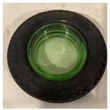 LL - Pair of Vintage Uranium Glass Tire Ashtrays by Firestone and Goodyear
