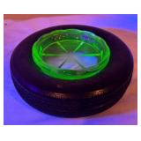 LL - Pair of Vintage Uranium Glass Tire Ashtrays by Firestone and Goodyear