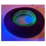 LL - Pair of Vintage Uranium Glass Tire Ashtrays by Firestone and Goodyear