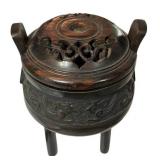 LR - Vintage 5-Inch Tripod Bronze Incense Burner with Ornate Lid