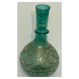 LR - Vintage Hand Blown and Hand-Painted Green Glass Vase with Gold Detailing