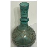 LR - Vintage Hand Blown and Hand-Painted Green Glass Vase with Gold Detailing
