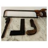 LR - Vintage Hand Tool Collection with Saw, Wrench, Square, and Wood Handle
