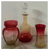 LR - Set of 3 Antique Ruby to Amberina Art Glass Vases and Decanter