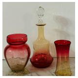 LR - Set of 3 Antique Ruby to Amberina Art Glass Vases and Decanter