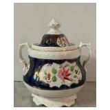 LR - Antique Mid-19th Century Antique Victorian Gaudy Welsh Pottery Sucrier and Cover in the "Columbine" Pattern