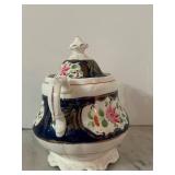 LR - Antique Mid-19th Century Antique Victorian Gaudy Welsh Pottery Sucrier and Cover in the "Columbine" Pattern