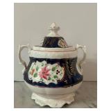 LR - Antique Mid-19th Century Antique Victorian Gaudy Welsh Pottery Sucrier and Cover in the "Columbine" Pattern