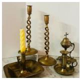 K - Set of 5 Vintage Brass Candlesticks and Incense Burner Assortment