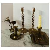 K - Set of 5 Vintage Brass Candlesticks and Incense Burner Assortment