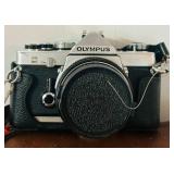 LR - Olympus OM-1 35mm SLR Camera Set with Lenses, Flash, and Leather Case