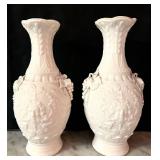 LR - Pair of 8.5 Inch White Bisque Porcelain Vases with Ornate Relief Design