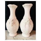 LR - Pair of 8.5 Inch White Bisque Porcelain Vases with Ornate Relief Design
