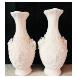 LR - Pair of 8.5 Inch White Bisque Porcelain Vases with Ornate Relief Design