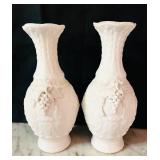 LR - Pair of 8.5 Inch White Bisque Porcelain Vases with Ornate Relief Design