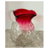 LR - Vintage 8-Inch Cranberry Coin Dot Art Glass Pitcher