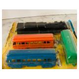 K - Vintage All-Metal Train Set with Locomotive and 3 Cars in Original Packaging