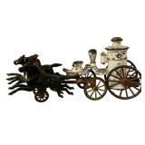 LR - Antique Cast Iron Horse Drawn Fire Pumper Wagon Toy