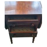 LR - Vintage Drop-Leaf Wooden Side Table with Two Drawers and Turned Legs