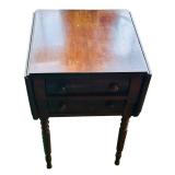 LR - Vintage Drop-Leaf Wooden Side Table with Two Drawers and Turned Legs