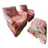LR - Pair of Floral Upholstered Armchairs with Matching Ottoman