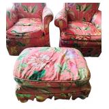 LR - Pair of Floral Upholstered Armchairs with Matching Ottoman