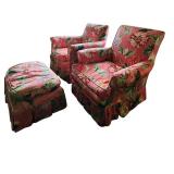 LR - Pair of Floral Upholstered Armchairs with Matching Ottoman