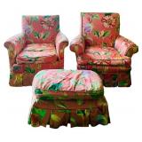 LR - Pair of Floral Upholstered Armchairs with Matching Ottoman