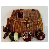 LR - Vintage Wicker Creel Basket with Leather Strap and 3 Fishing Reels