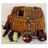 LR - Vintage Wicker Creel Basket with Leather Strap and 3 Fishing Reels
