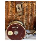 LR - Vintage Wicker Creel Basket with Leather Strap and 3 Fishing Reels